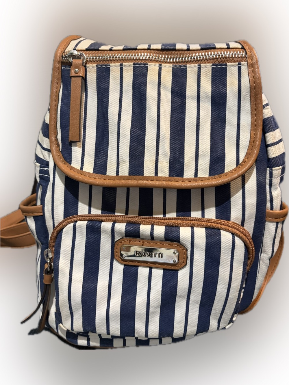 Rosetti Navy and White Striped Mini Backpack with Tan Trim